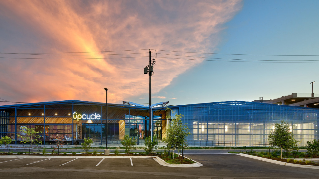 A building with a sunset in the background.